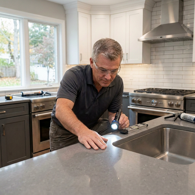 Professional countertop installer carefully inspecting a new quartz countertop installation in a modern kitchen